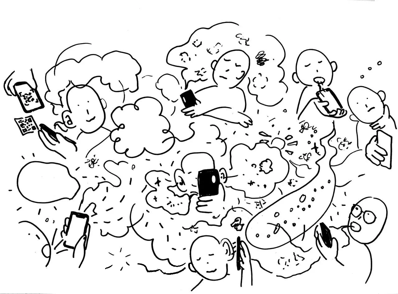 Un disegno delle attività attorno ad Ally. Qualcuno registra, qualcuno ascolta, qualcuno scannerizza un QR code. Tanto movimento un po' caotico e giocoso.